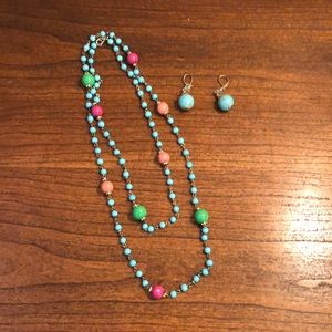 Long multicolored turquoise colored beads and earrings set.